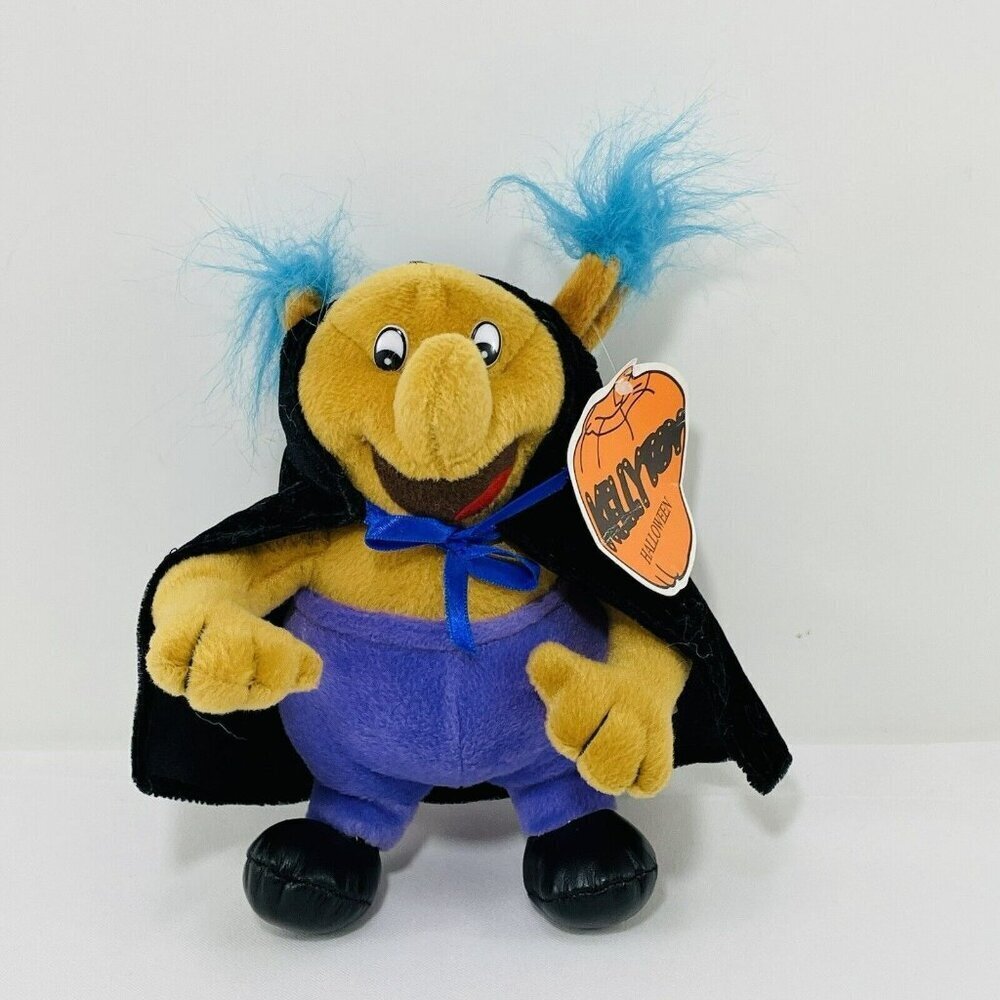 Kellytoy Halloween Devil Plush Black Cape Smiley Blue Hair Toy Tag Monster Funny